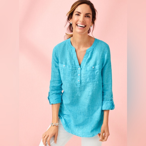 Womens Talbots 100% Linen Pintuck Roll Up Sleeve Minimalist Popover Shirt‎ - Picture 1 of 9